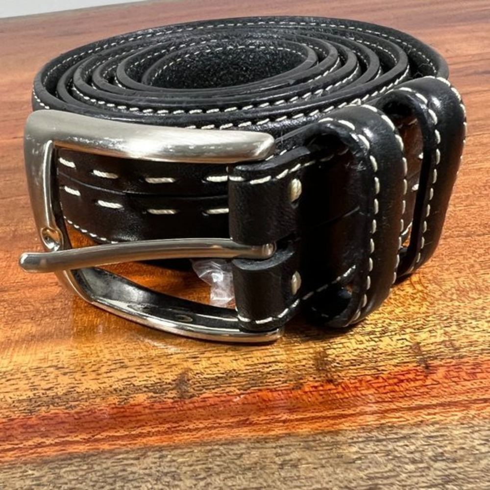 REMO TULLIANI Black Genuine Italian Leather Beige Stitch Detail‎ Belt (52)
